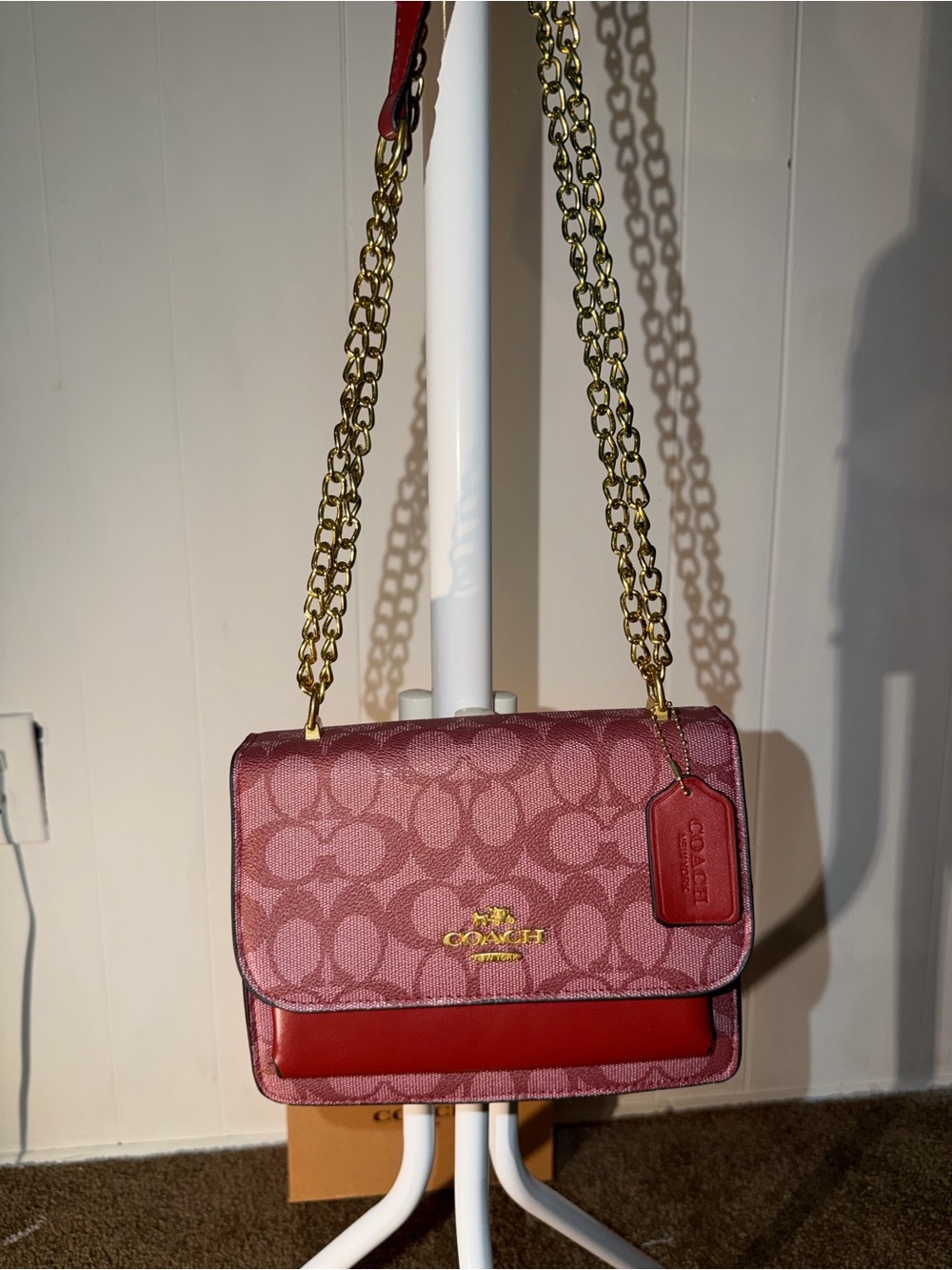 COACH Pink Signature Chain Shoulder Bag with Gold Hardware